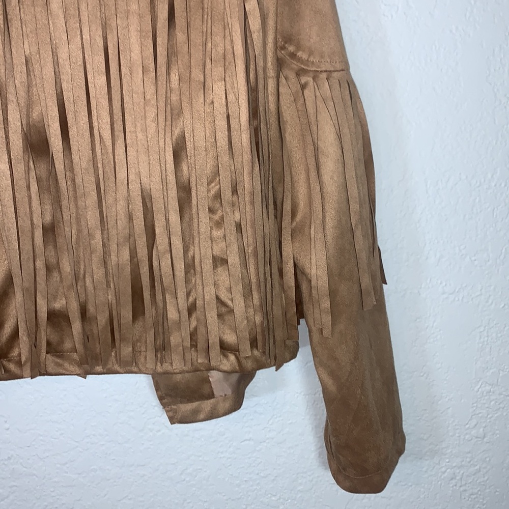 Brown Fringe Faux Suede Leather Cowboy Style Long Sleeve Coat - Picture 9 of 14